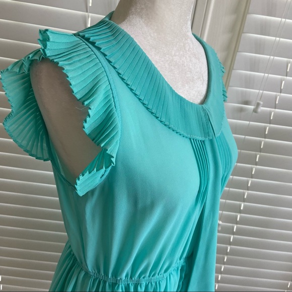 CIEL USA Large Teal Blue Dress Pleated W/ Tie Neck & Ruffle Flutter Sleeves - Picture 11 of 13